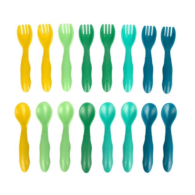 The First Years GreenGrown Reusable Flatware - Toddler Forks & Spoons - Blue/Aqua/Yellow/Green - 16pk