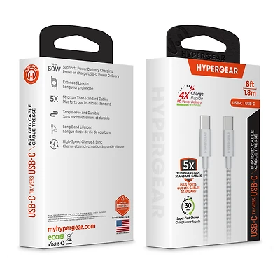 HyperGear 6 ft. (180cm) USB-C to USB-C Braided Charge and Sync Cable - White