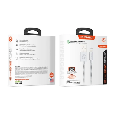 HyperGear 10 ft. (300cm) USB-A to Lightning Braided Charge and Sync Cable - White