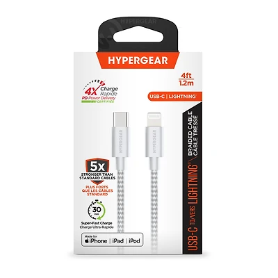 HyperGear 4 ft. (120cm) USB-C to Lightning Braided Charge and Sync Cable - White