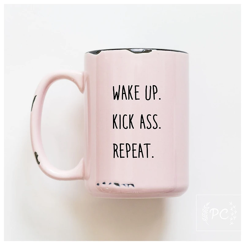WAKE UP KICK ASS REPEAT - MUG - PRAIRIE CHICK PRINTS