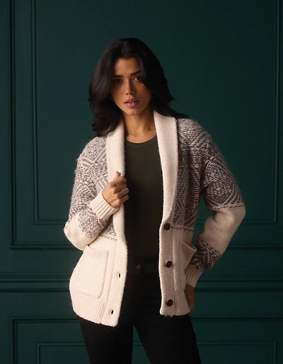 Shawl Collar Heritage Cardigan Cream Multi