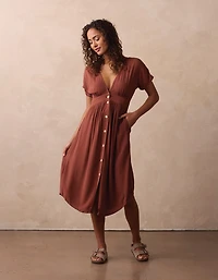 Deep V Button Thru Dress Clay