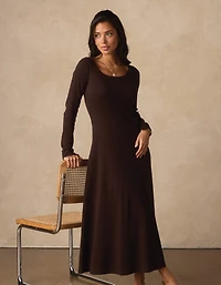Normal Rib Long Sleeve Dress Dark Brown