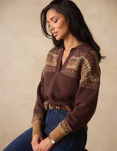 Fair Isle Polo Sweater Brown Multi