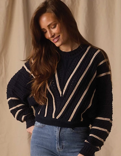 Apres Chevron Sweater Navy/Birch Stripe