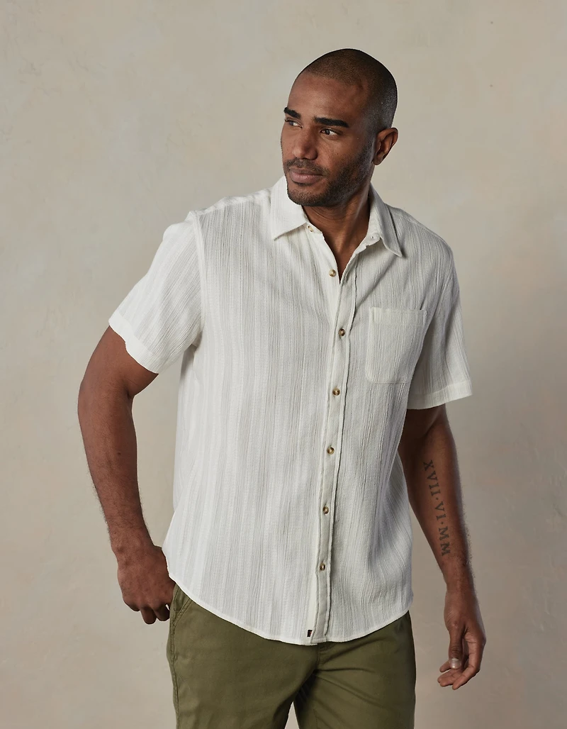Freshwater Short Sleeve Button Up Shirt Ivory Crinkle Dobby