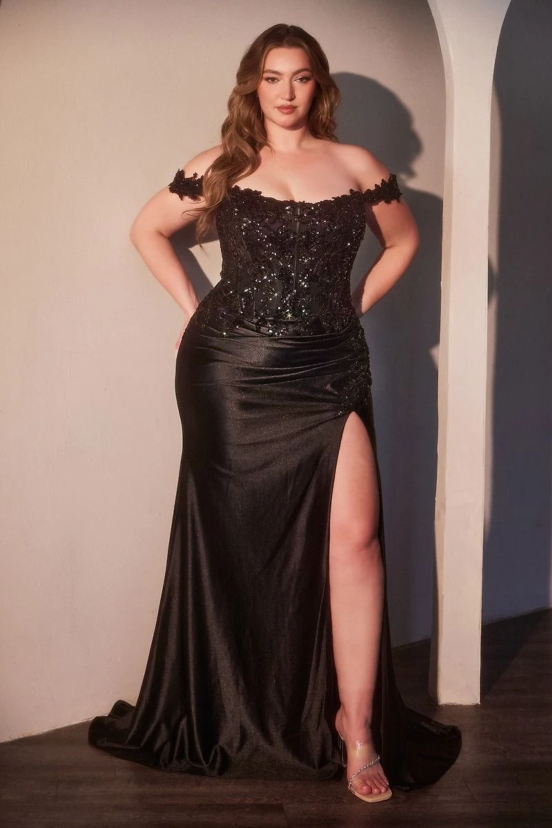 SATIN CURVE DRESS with OFF THE SHOULDER LACE