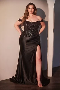SATIN CURVE DRESS with OFF THE SHOULDER LACE