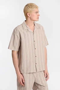 Textured Striped Short Sleeve Button-Up Shirt - Tan /