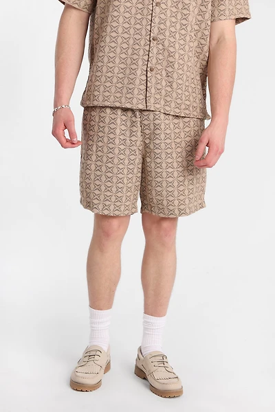 Textured Geometric Floral Shorts 7" - Tan /