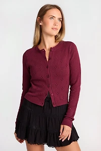 Pointelle Knit Button-Up Crew Neck Cardigan - /