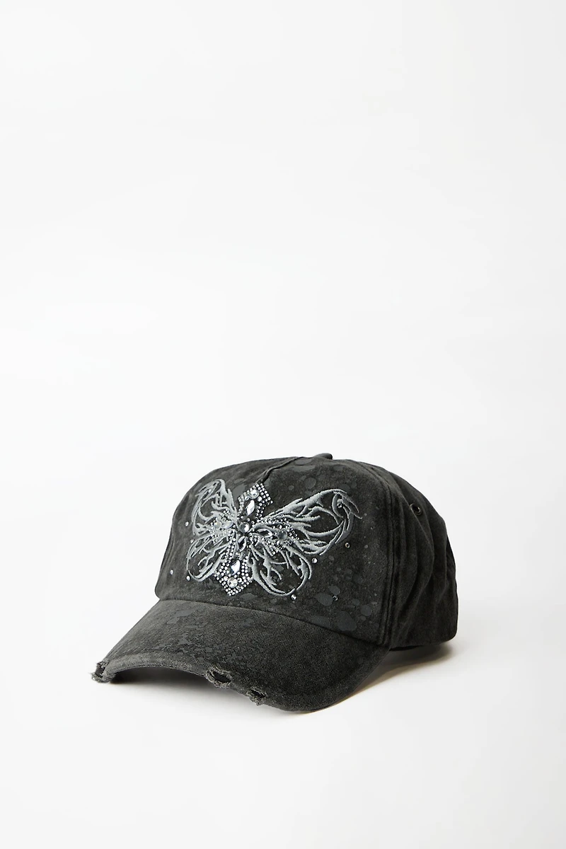 Butterfly Cross Rhinestone Cap - Black / O/S
