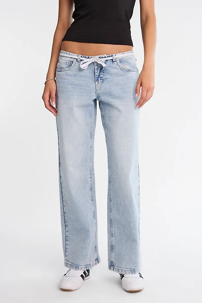 Chloe Low Rise Shoelace Belt Baggy Jeans - Light Denim Blue / Reg
