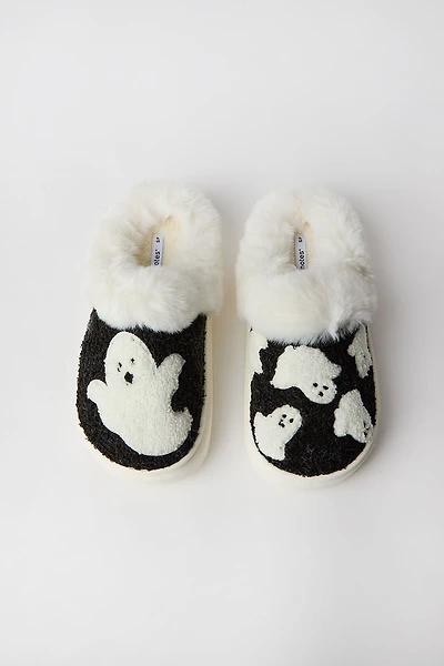 Ghost Faux-Shearling Plush Slippers - Black /