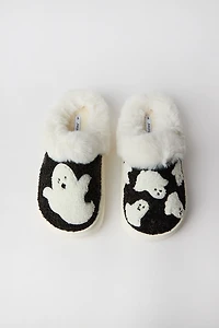 Ghost Faux-Shearling Plush Slippers - Black /