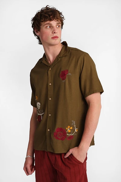 Floral Embroidered Linen-Blend Button-Up Shirt - Dark Green /