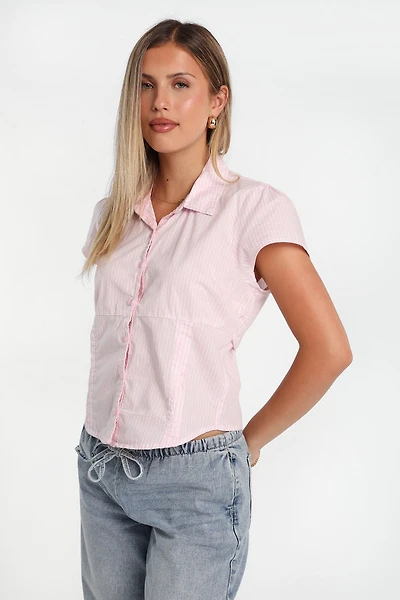 Poplin Cotton Short Sleeve Tie-Back Button-Up Shirt - /