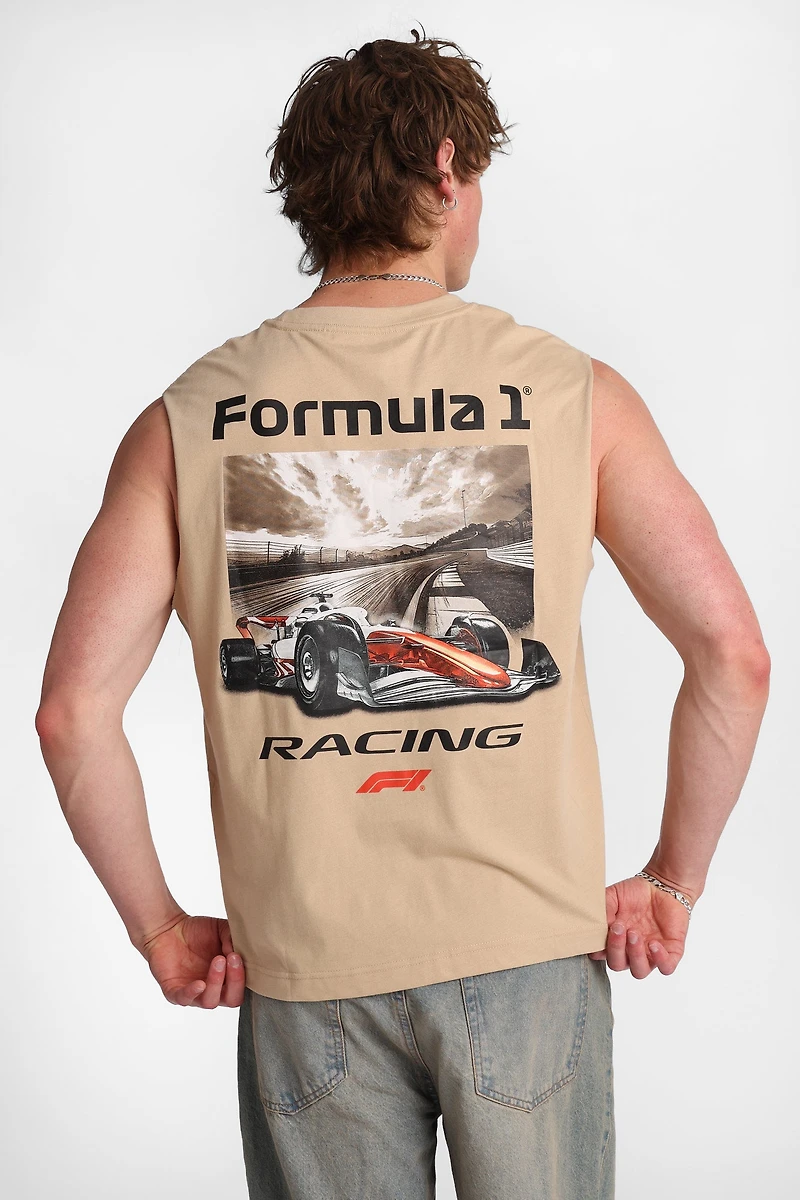 F1 Racing Graphic Oversized Tank Top - Tan /