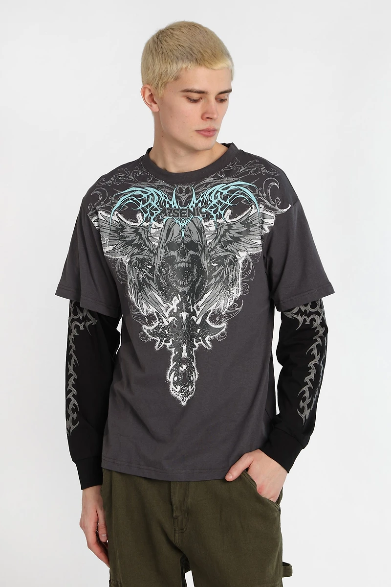 Arsenic Skull Graphic Long Sleeve 2-Fer Tee - /