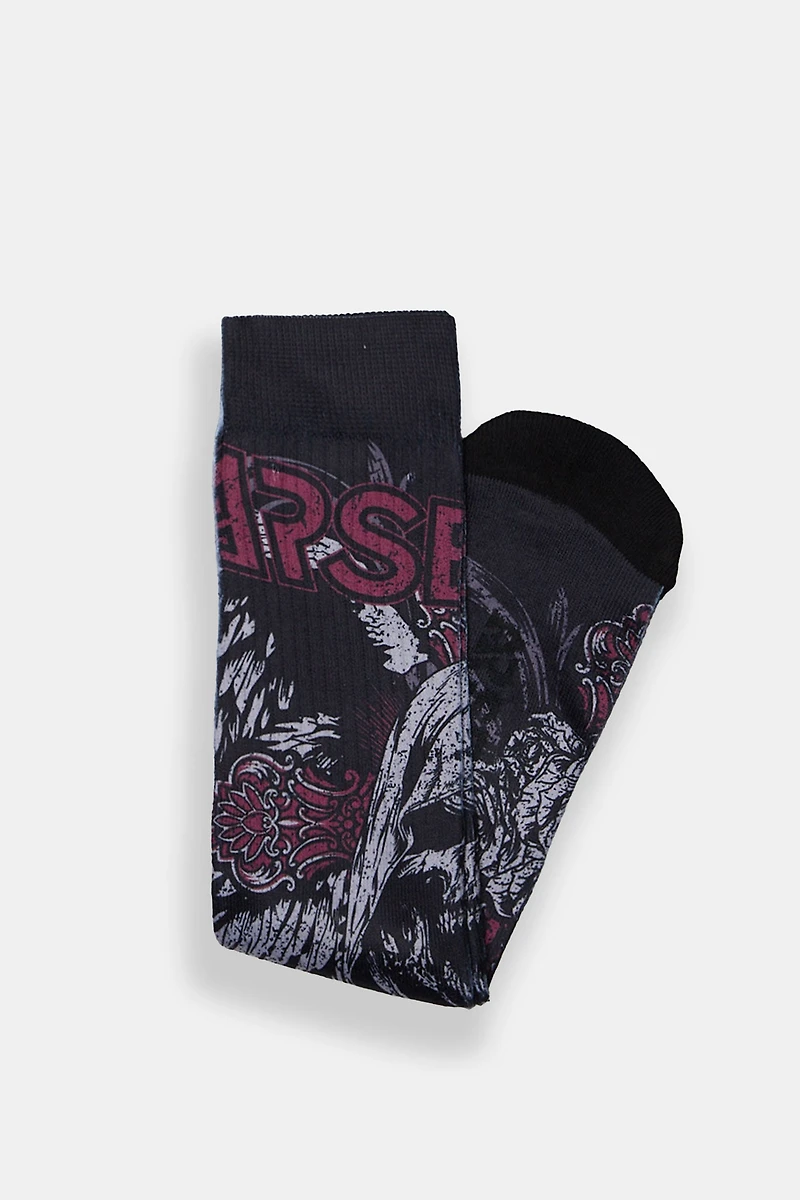 Arsenic Red Cross Skull Printed Crew Socks - Black / O/S