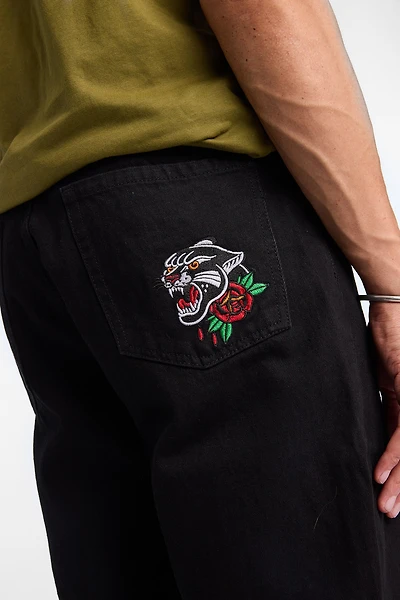 Mens Baggy Black Embroidered Jeans - /
