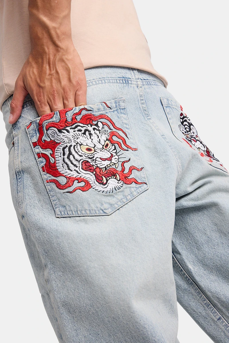 Mens Baggy Skater Embroidered LSW Jeans - Light Denim Blue /