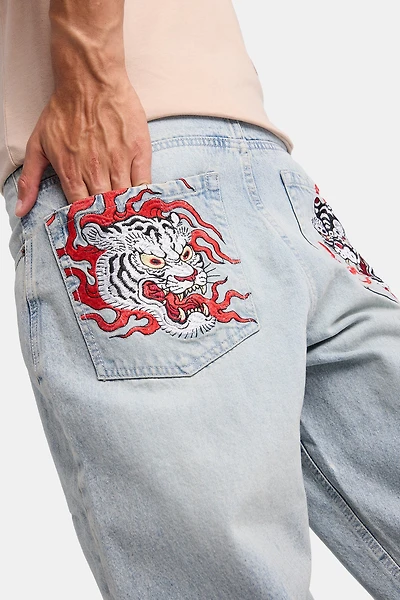 Mens Baggy Skater Embroidered LSW Jeans - Light Denim Blue /