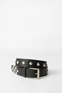 Faux-Leather Studded Belt - /
