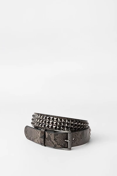 Faux-Leather Python Studded Belt - Black /
