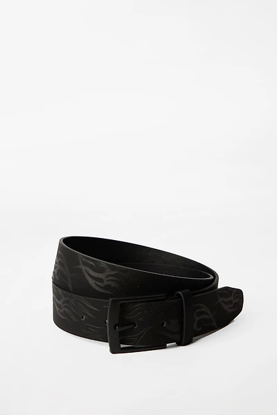 Faux-Leather Embossed Flames Belt - Black /