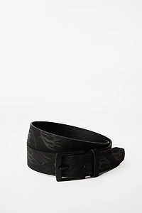 Faux-Leather Embossed Flames Belt - Black /