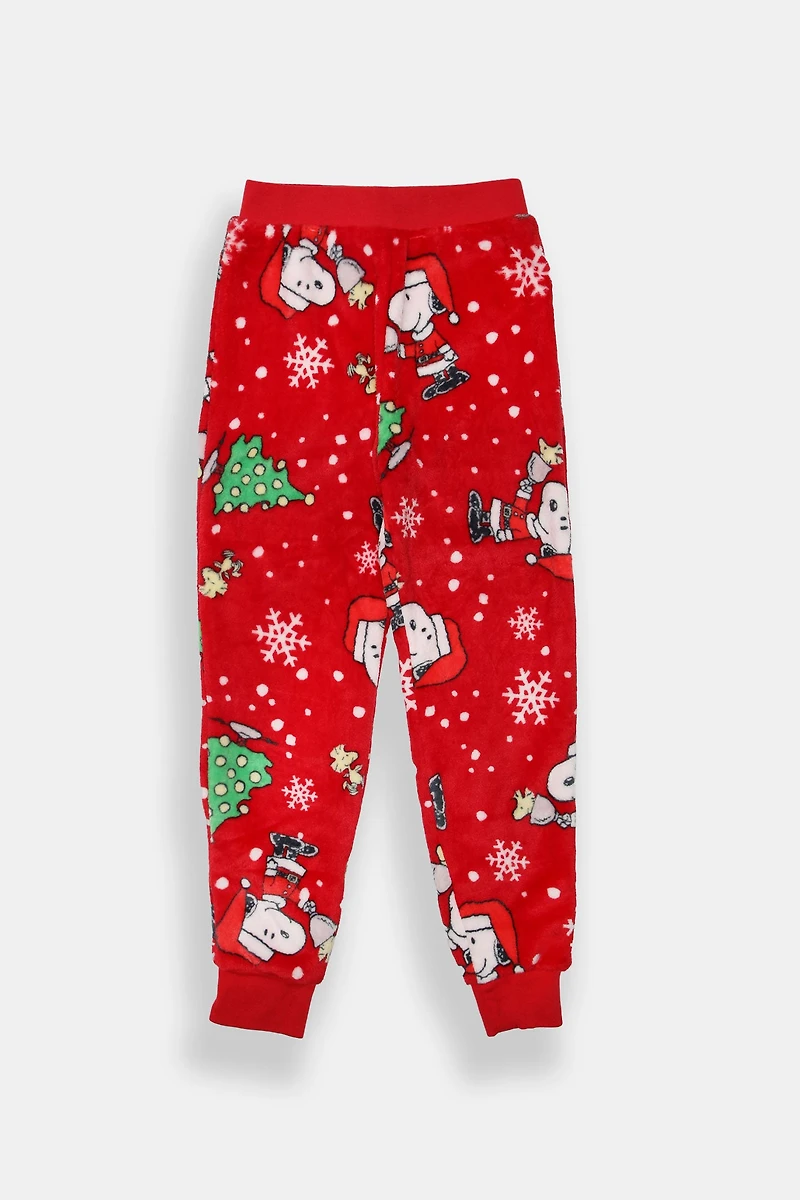 Youth Peanuts Snoopy Snowflakes Plush Pajama Pant - Red /