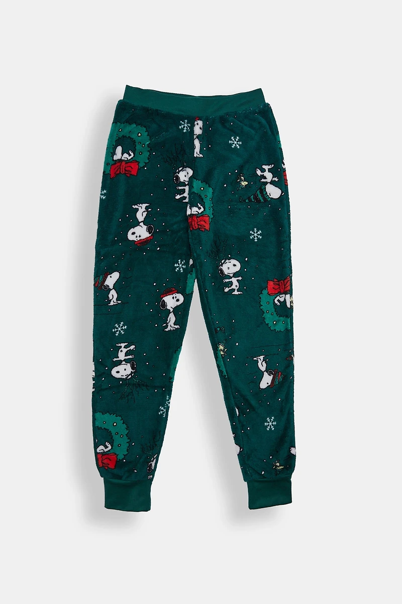 Girls Snoopy Wreath Plush Pajama Pant - Hunter Green /