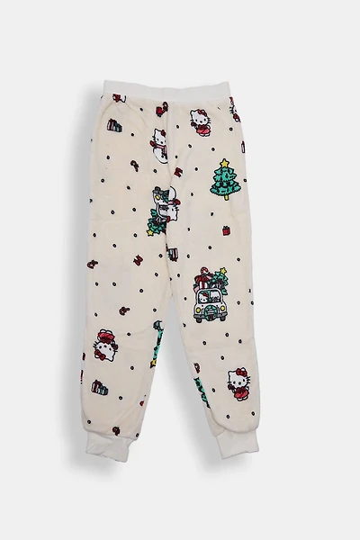 Girls Hello Kitty Christmas Tree Plush Pajama Pant - Cream /