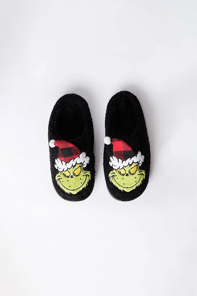Girls' The Grinch Plaid Santa Hat Plush Slippers - Black /