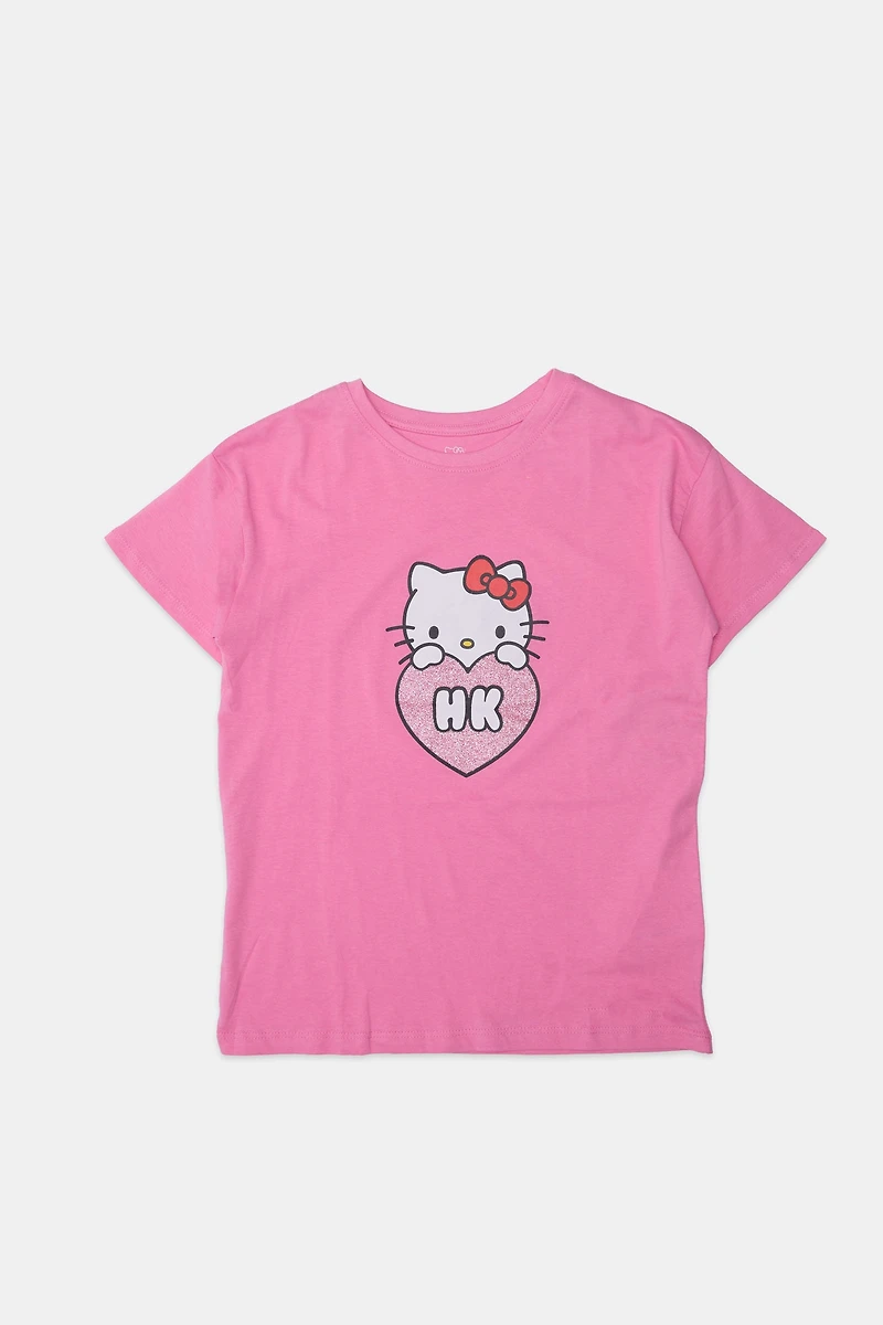 Girls Hello Kitty Glitter Heart T-Shirt - Pink /
