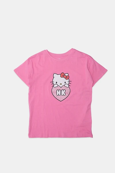 Girls Hello Kitty Glitter Heart T-Shirt - Pink /