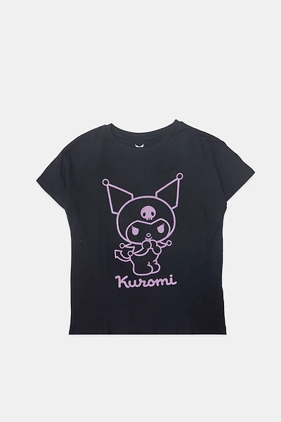 Girls Kuromi Flocked T-Shirt - Black /