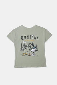 Girls Camp Snoopy Montana Graphic T-Shirt - Sage /