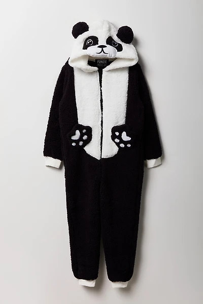 Youth 3D Panda Sherpa Onesie - Black /
