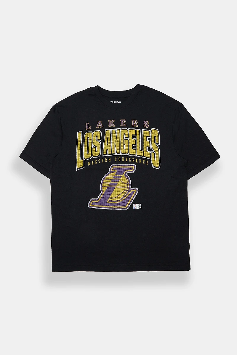 Mens LA Lakers Mesh Printed Oversized Tee - Black /
