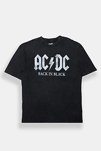 Mens AC/DC Back Black Stonewash Oversized Tee - /