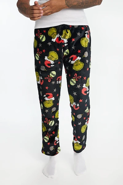 Mens The Grinch Ornaments Plush Pajama Pant - Black /
