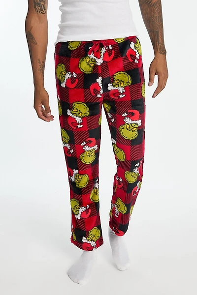Mens The Grinch Plaid Plush Pajama Pant - Red /