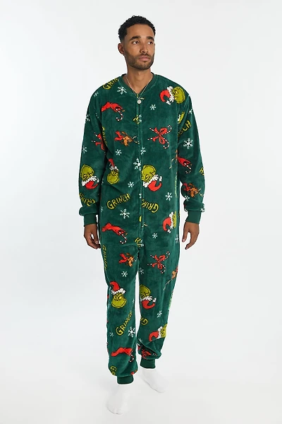 Mens The Grinch Snowflakes Plush Onesie - Dark Green /