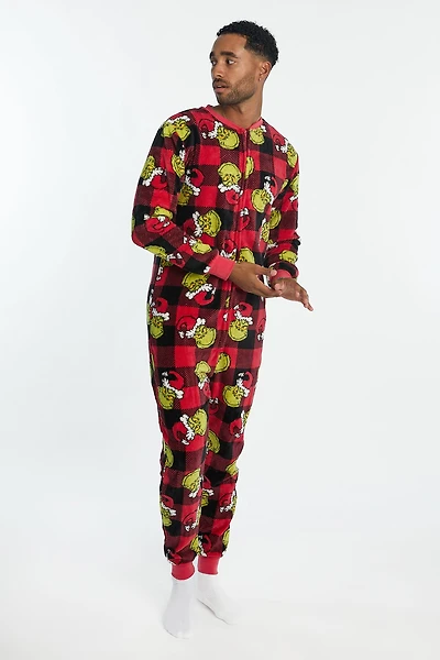 Mens The Grinch Plaid Plush Onesie - Red /