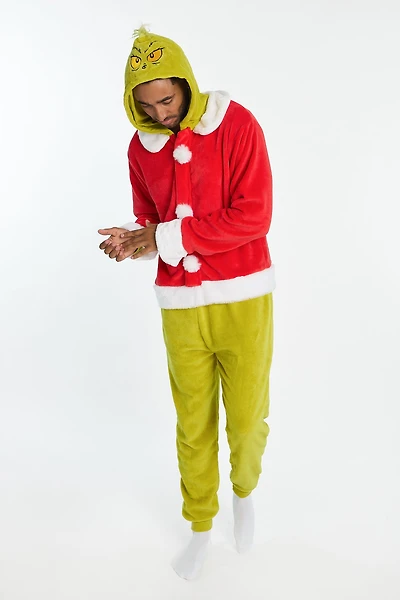 Mens The Grinch Plush Hooded Onesie - Neon Green /