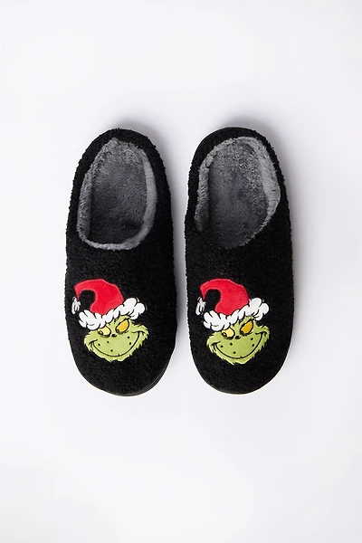 Mens The Grinch Santa Plush Slippers - Black /