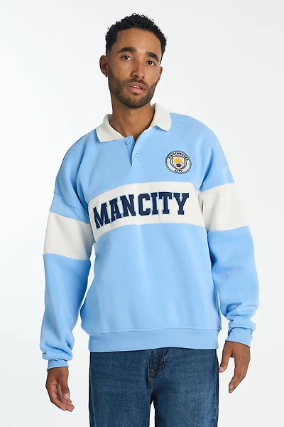 Mens Man City Colour Block Polo Sweatshirt - Light Blue /